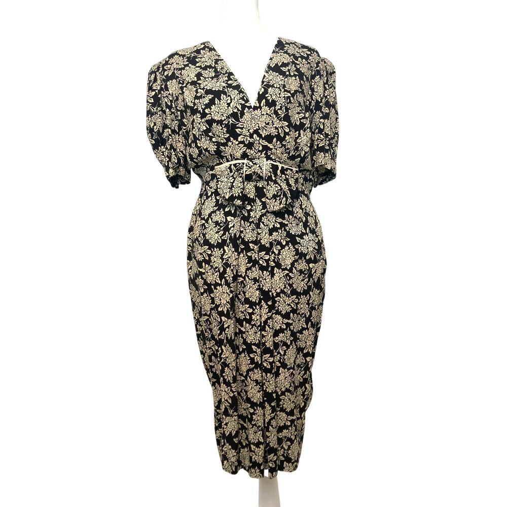 Vintage 80’s Jane Singer Black Ivory Floral Fitted Shoulder Pads Bow Midi Dress